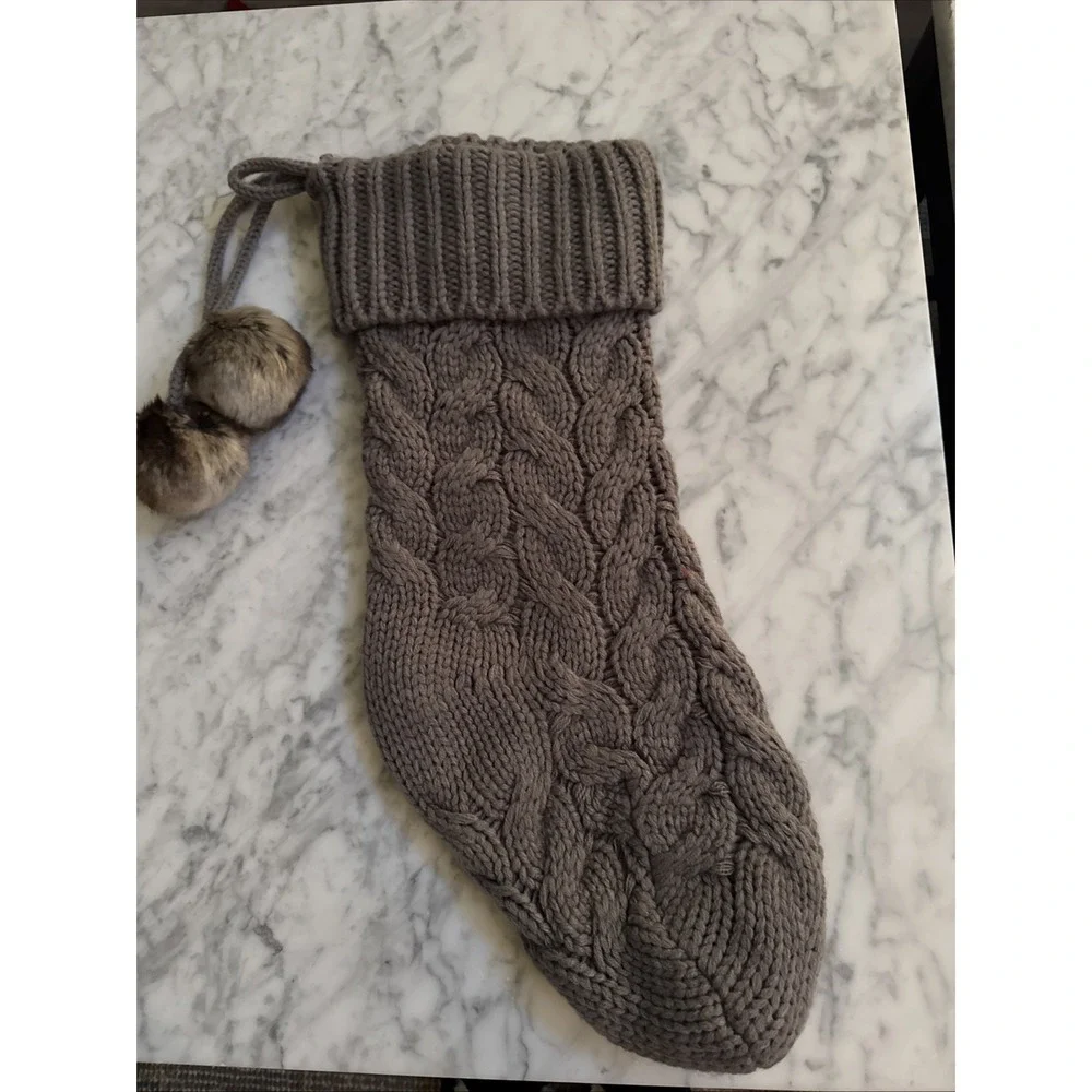 Cable Knit Christmas Stocking Gray Farmhouse Fleece Lined Cozy Cabin
